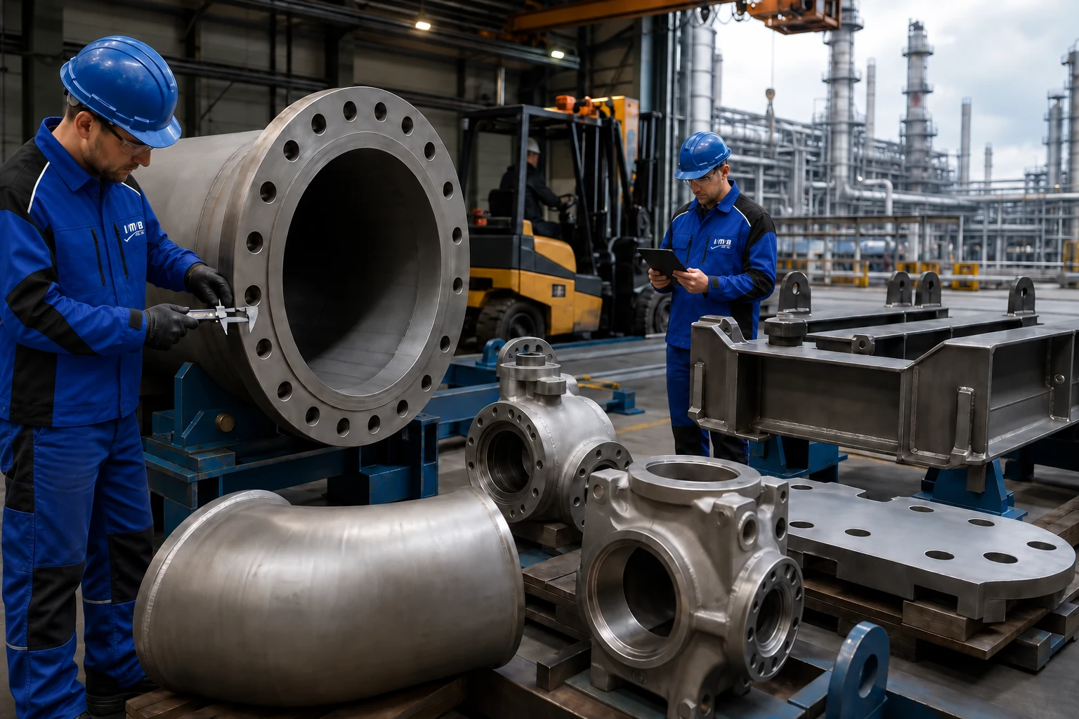 IMB-Mitarbeiter pr&uuml;ft gro&szlig;e Ersatzteile f&uuml;r eine Industrieanlage
